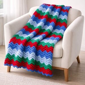 Hand-Knit Chevron Afghan Blanket | Thick & Stretchy | Like New | 72” x 96”